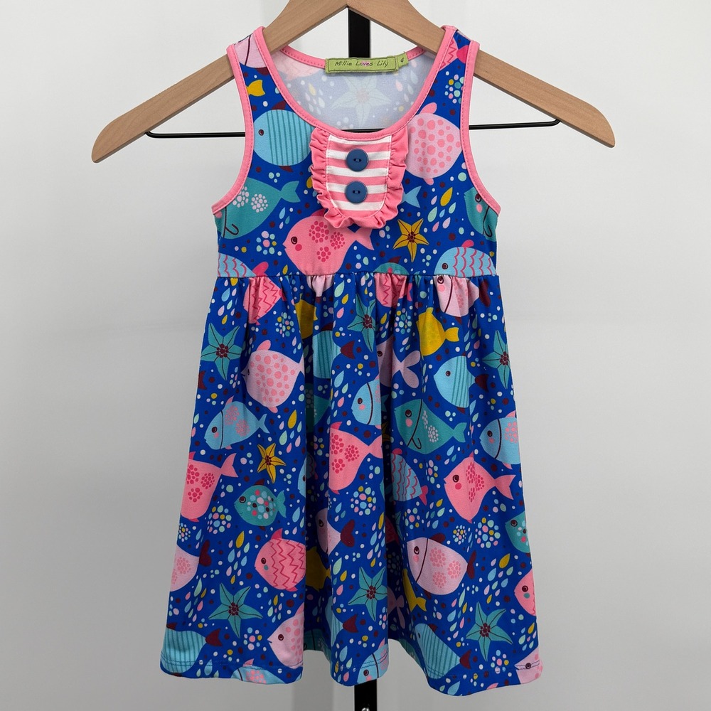 Millie Loves Lily Fish Print Sleeveless Ruffle Dress Blue Pink Size‎ 4